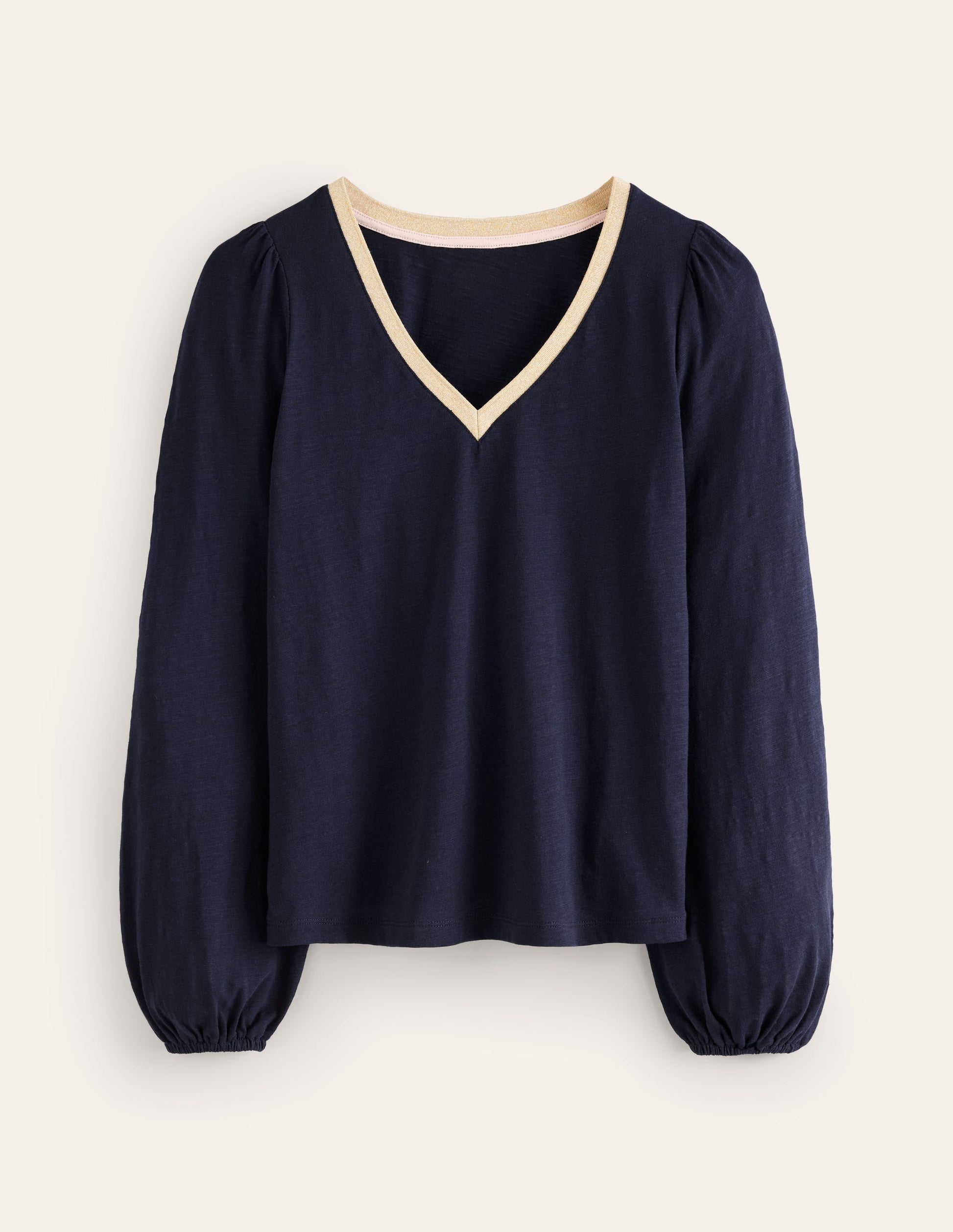Metallic Trim Long Sleeve Top-Navy-5