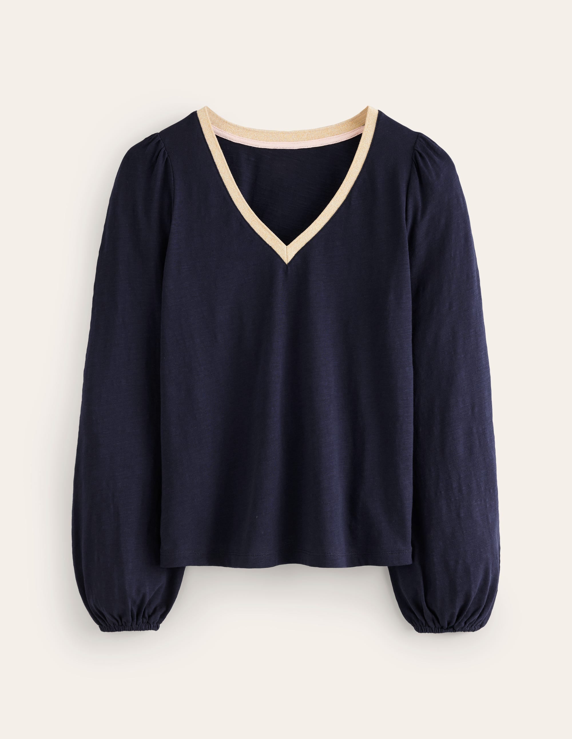 Metallic Trim Long Sleeve Top-Navy - Image 5