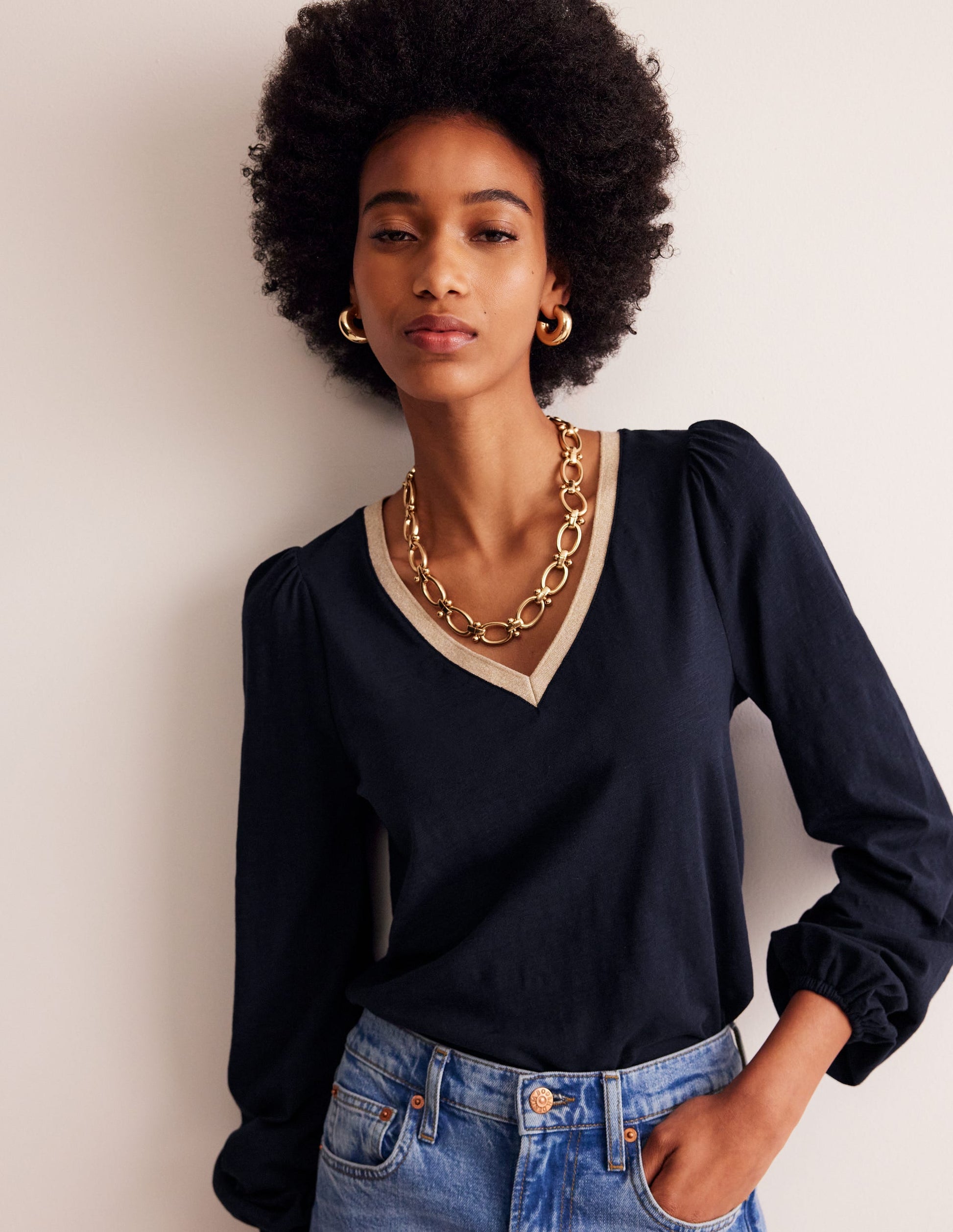 Metallic Trim Long Sleeve Top-Navy-1