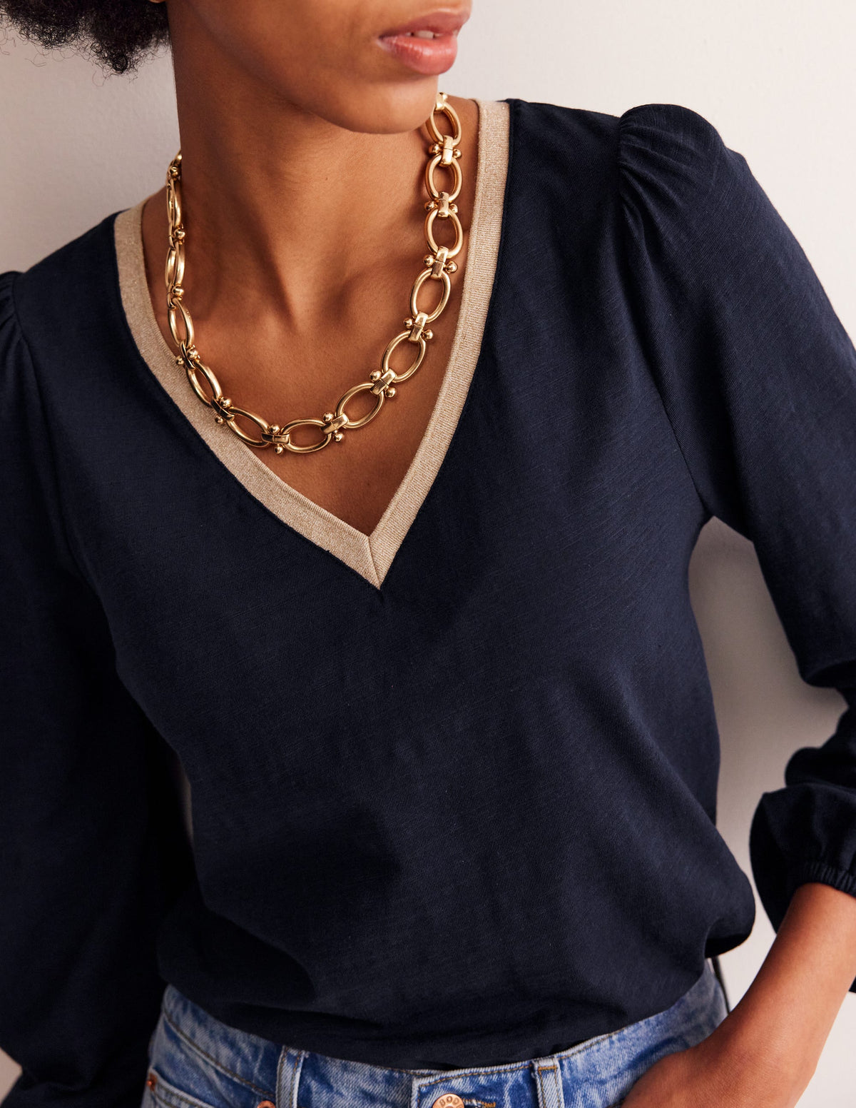 Metallic Trim Long Sleeve Top-Navy-2