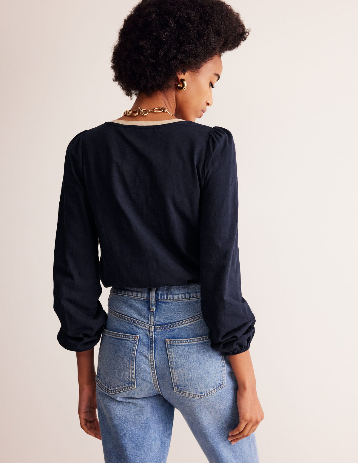 Metallic Trim Long Sleeve Top-Navy-3