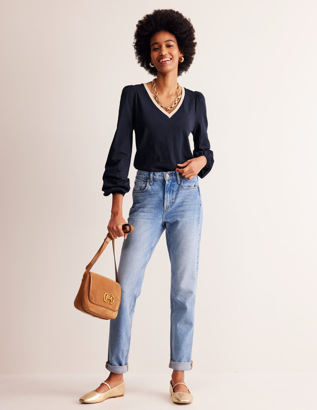 Metallic Trim Long Sleeve Top-Navy-4