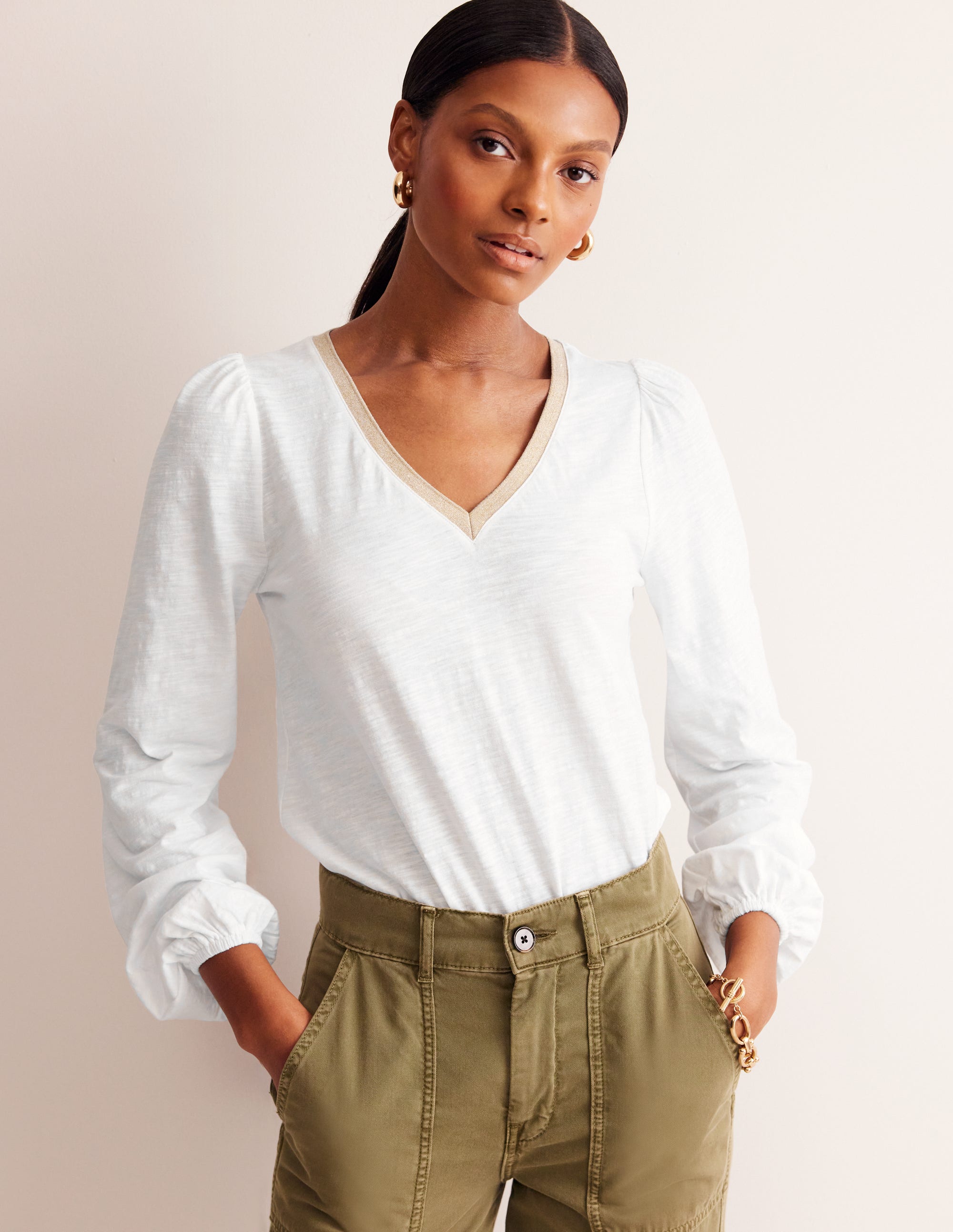 Metallic Trim Long Sleeve Top-White - Image 1