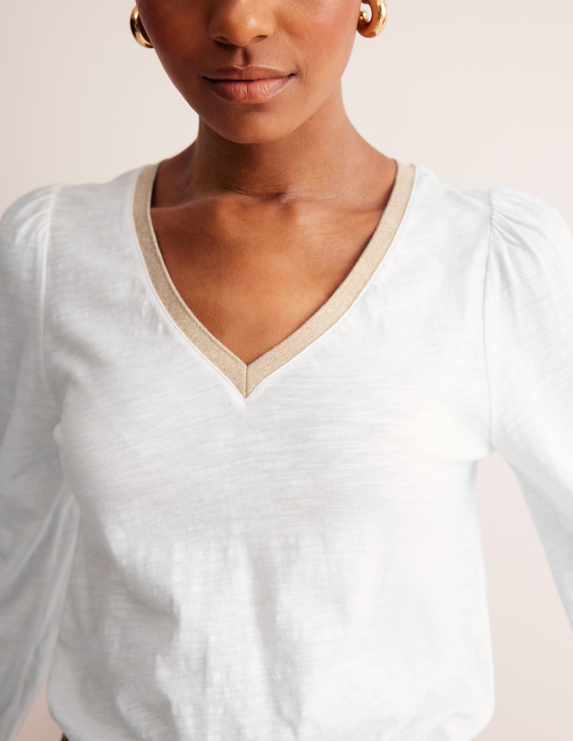 Metallic Trim Long Sleeve Top-White - Image 2
