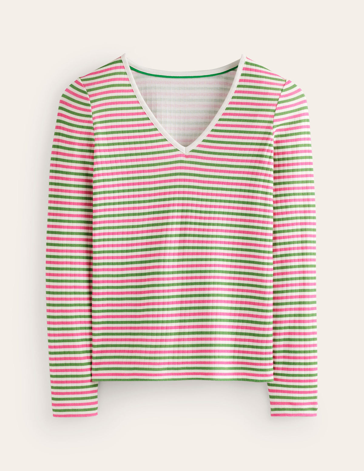 Anna Rib V-Neck T-Shirt-Green, Pink Stripe - Image 5