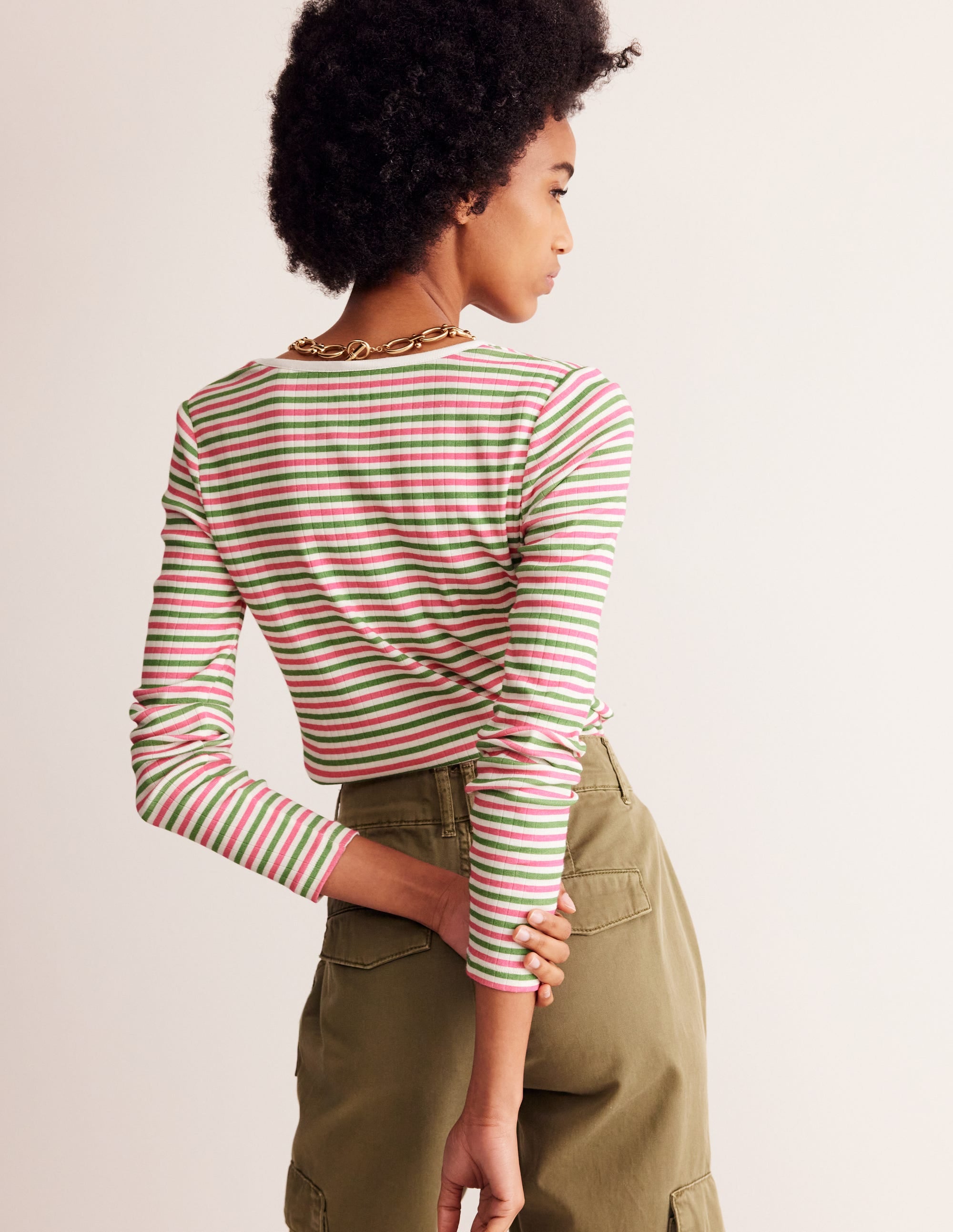 Anna Rib V-Neck T-Shirt-Green, Pink Stripe - Image 3