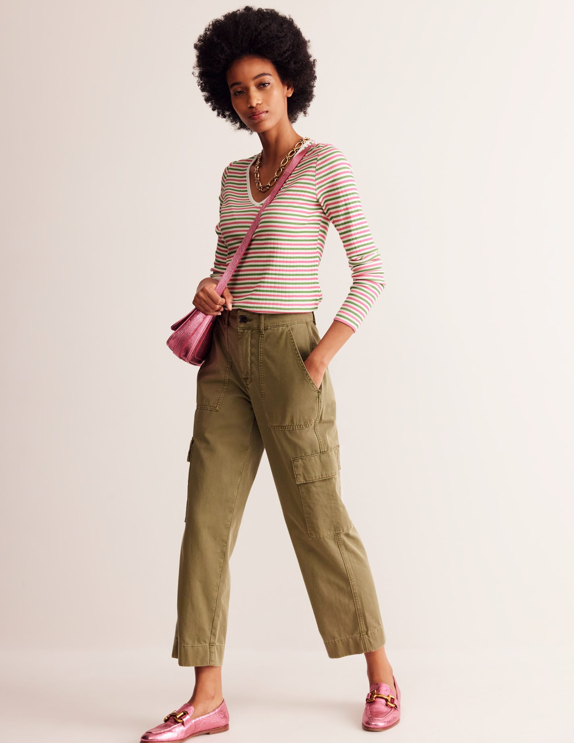 Anna Rib V-Neck T-Shirt-Green, Pink Stripe - Image 4