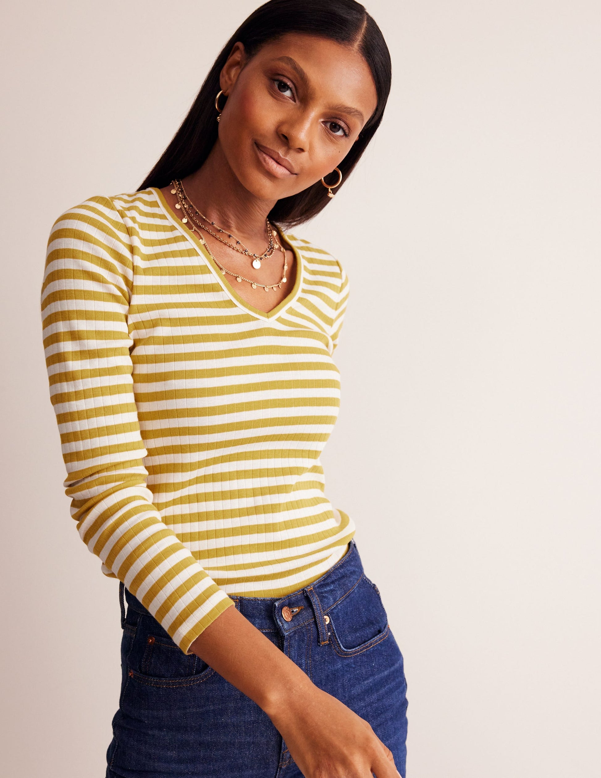 Anna Rib V-Neck T-Shirt-Yellow, Ivory Stripe-1