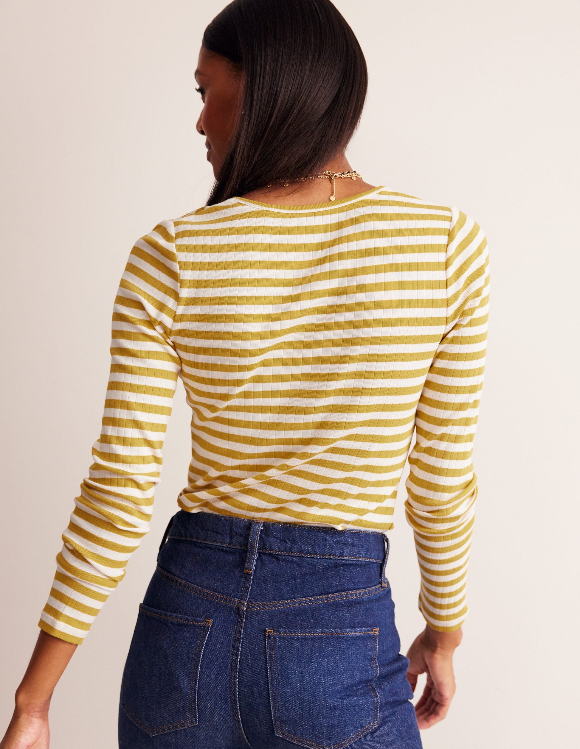 Anna Rib V-Neck T-Shirt-Yellow, Ivory Stripe-3