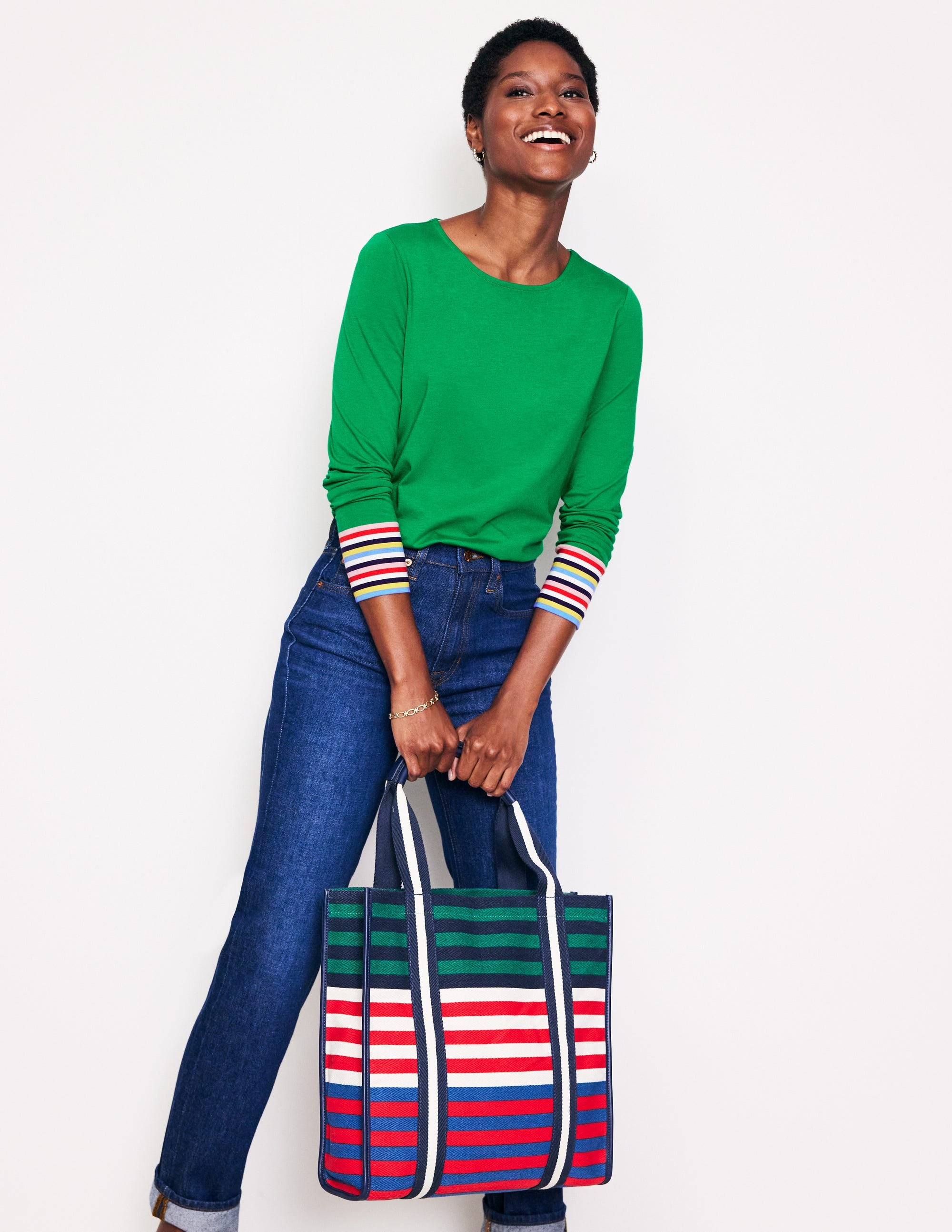 Supersoft Crew Neck Top-Green Multi Cuff Stripe - Image 1