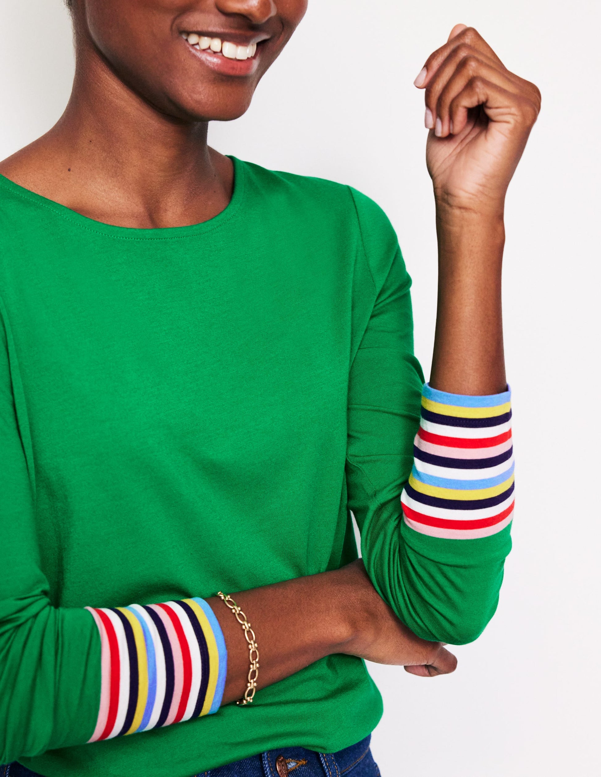 Supersoft Crew Neck Top-Green Multi Cuff Stripe-2