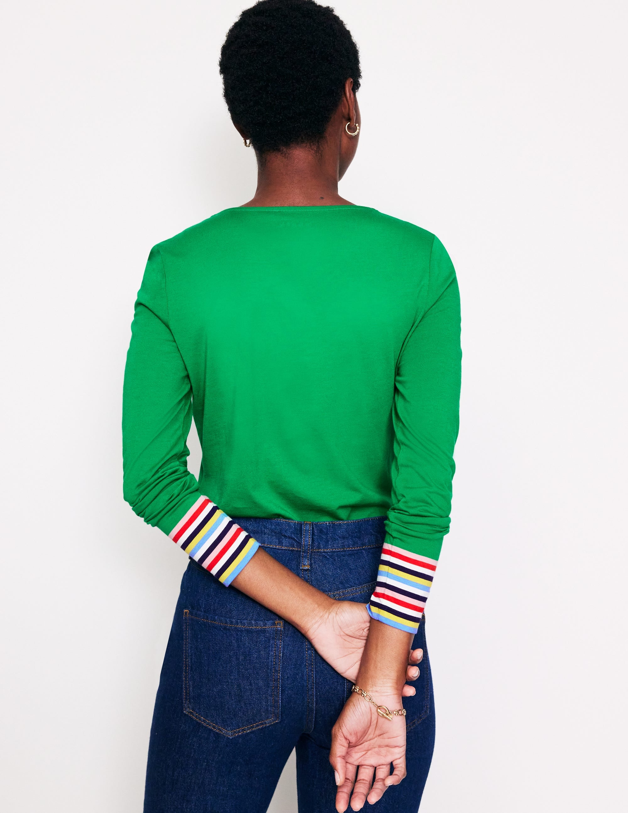 Supersoft Crew Neck Top-Green Multi Cuff Stripe - Image 3