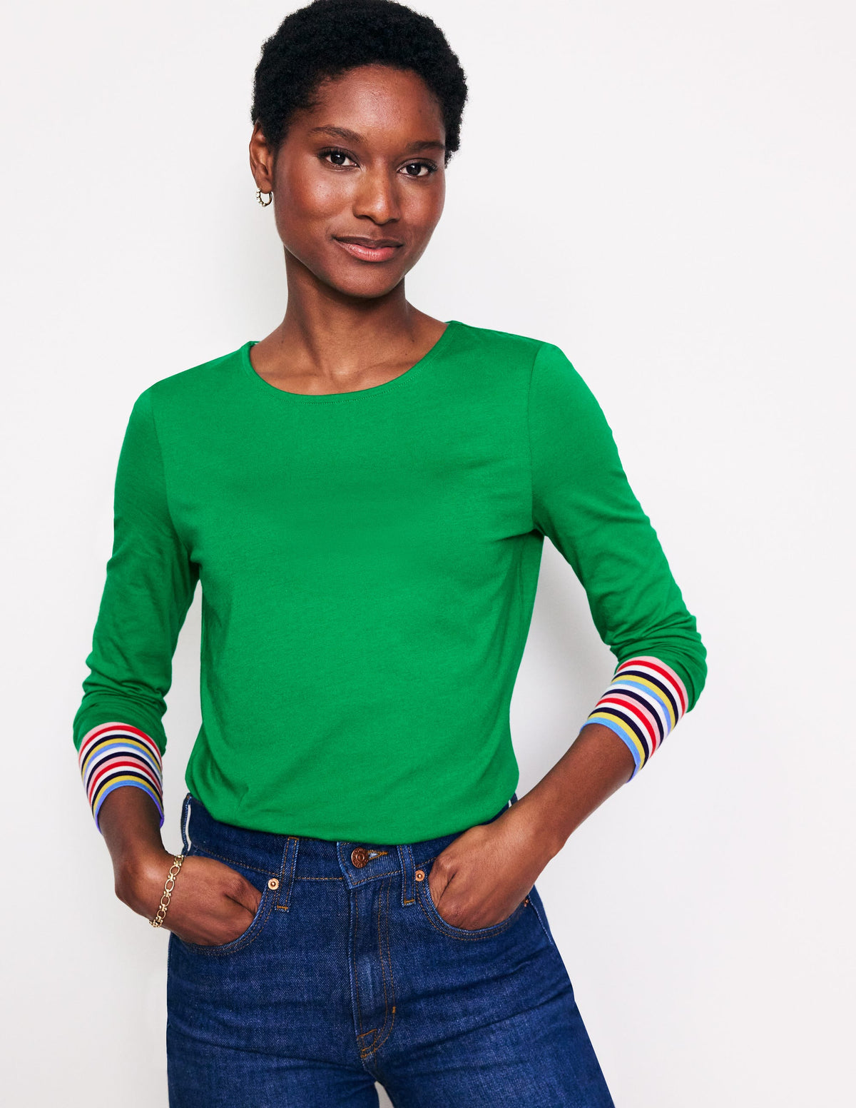 Supersoft Crew Neck Top-Green Multi Cuff Stripe - Image 4