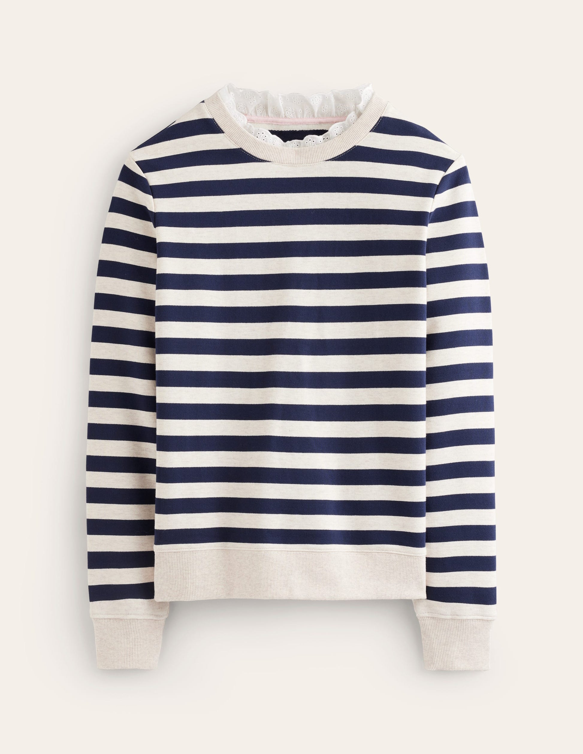Broderie Trim Sweatshirt-Navy, Grey Marl Stripe-5