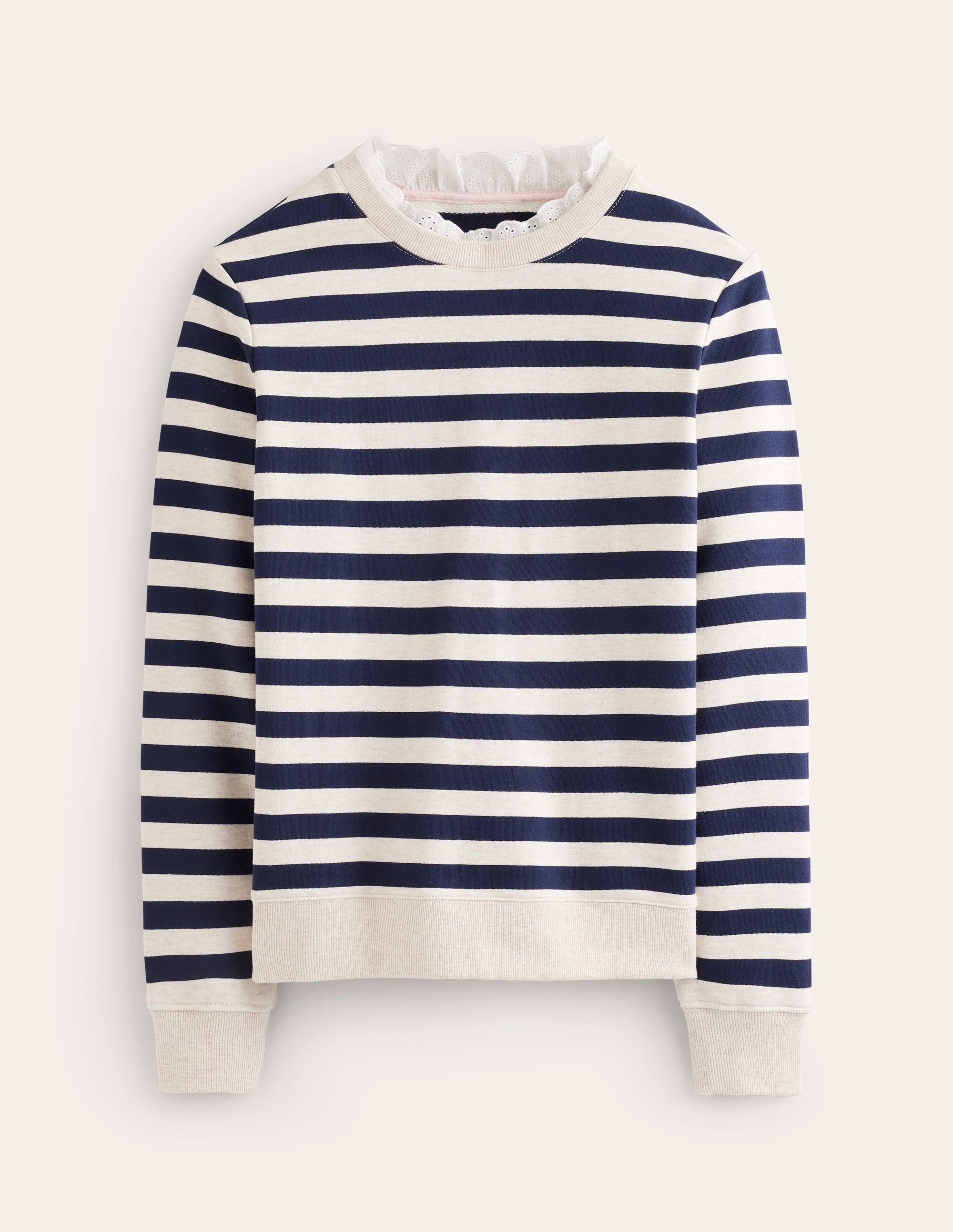 Broderie Trim Sweatshirt-Navy, Grey Marl Stripe - Image 5