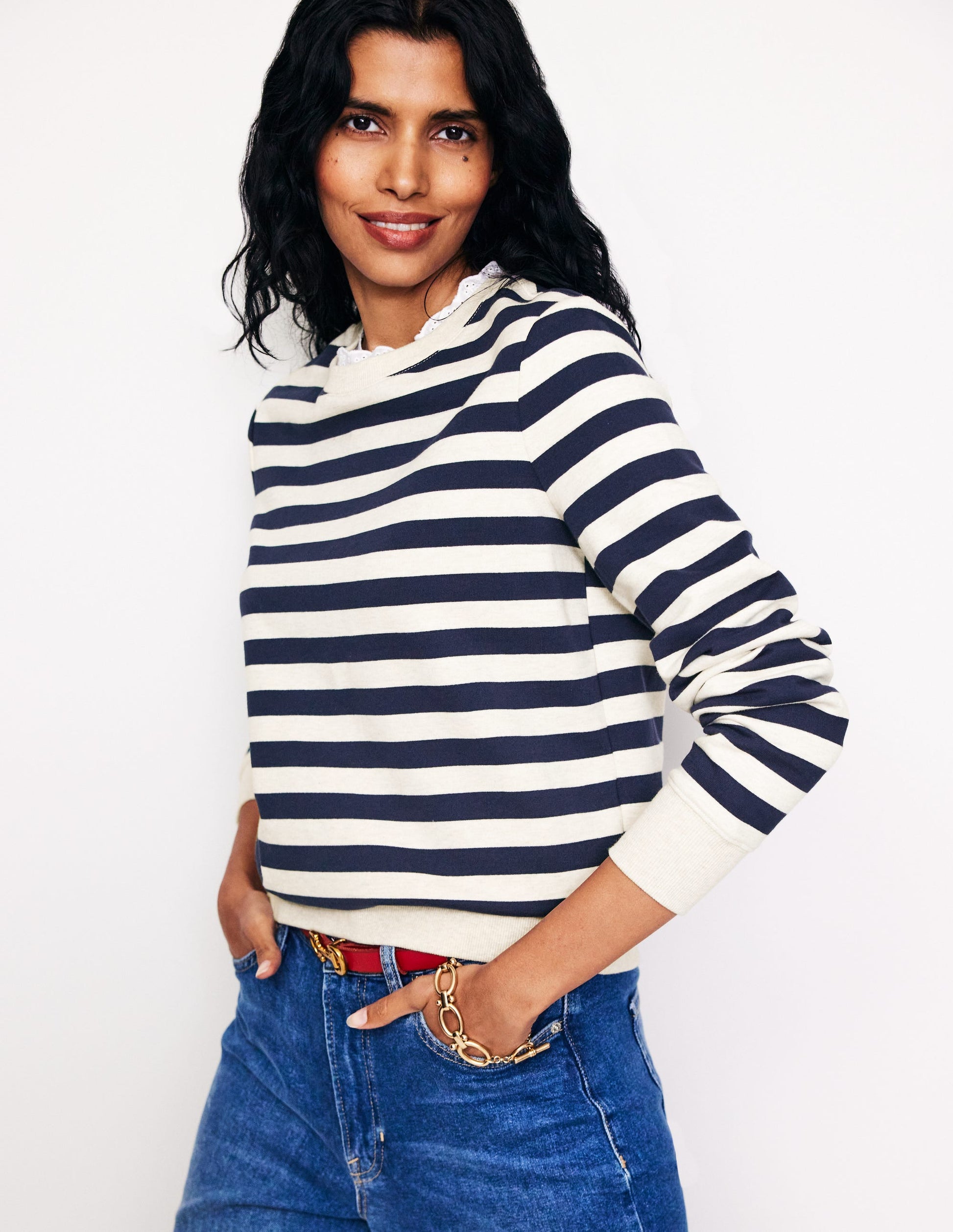 Broderie Trim Sweatshirt-Navy, Grey Marl Stripe-1