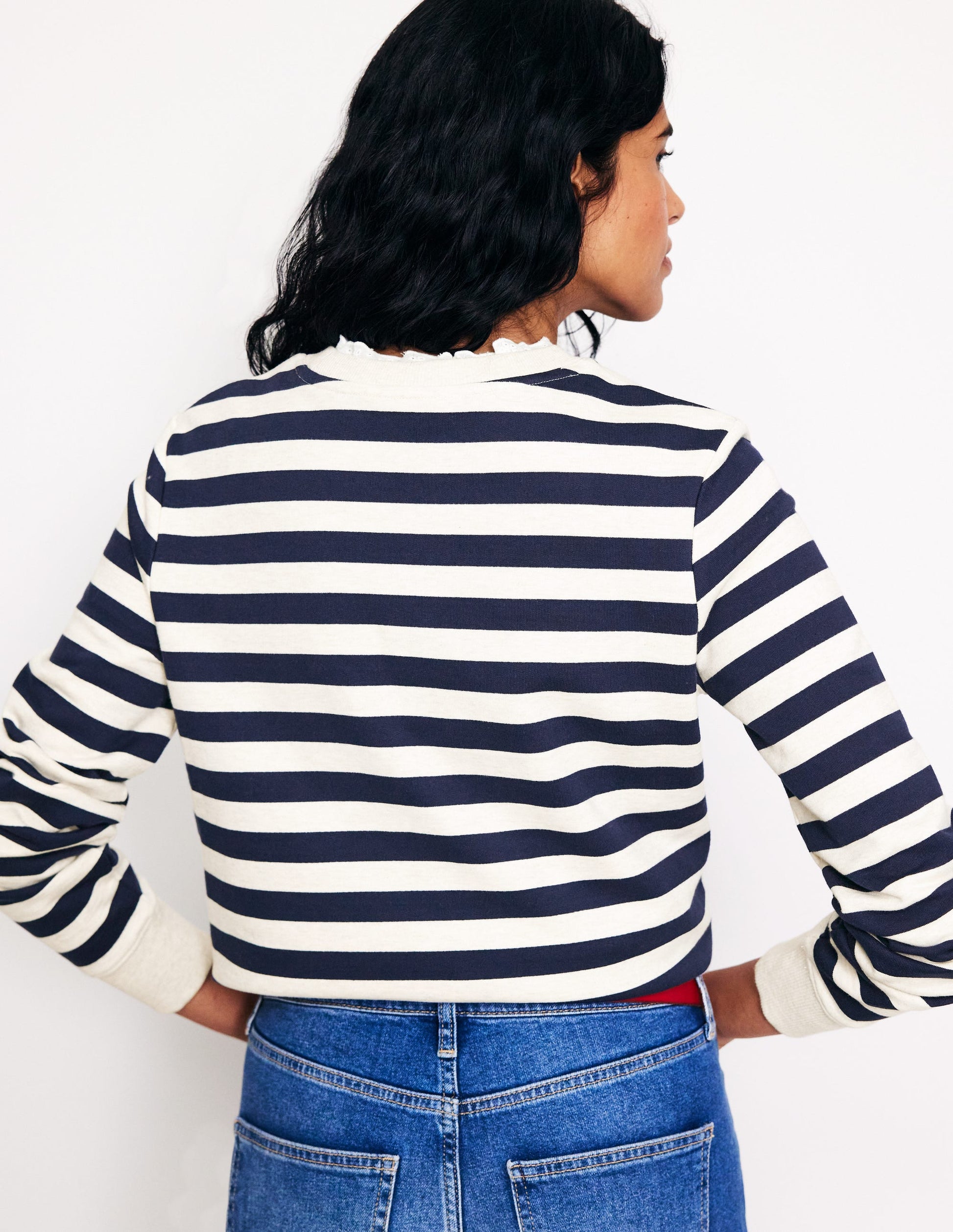Broderie Trim Sweatshirt-Navy, Grey Marl Stripe-3