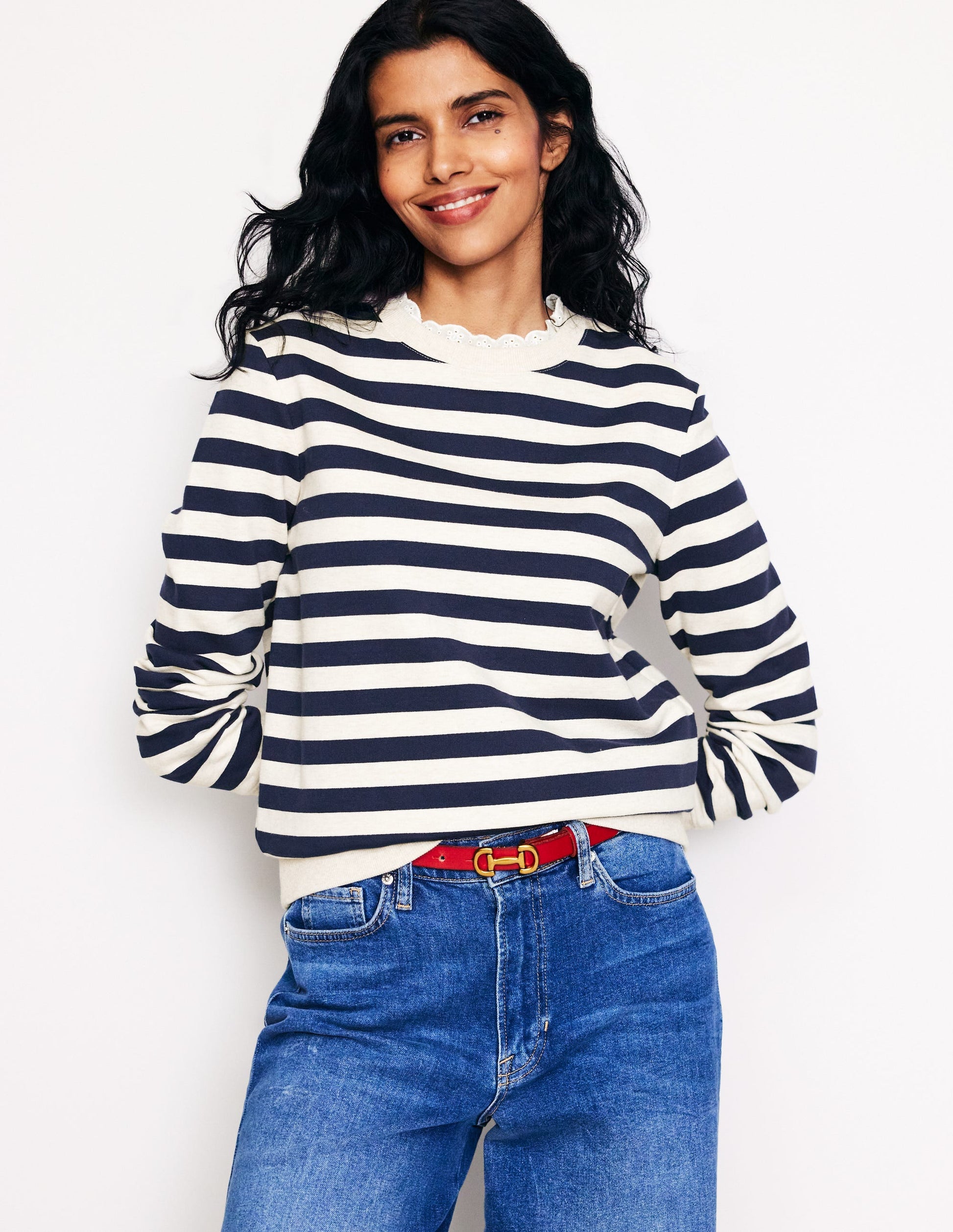 Broderie Trim Sweatshirt-Navy, Grey Marl Stripe-4