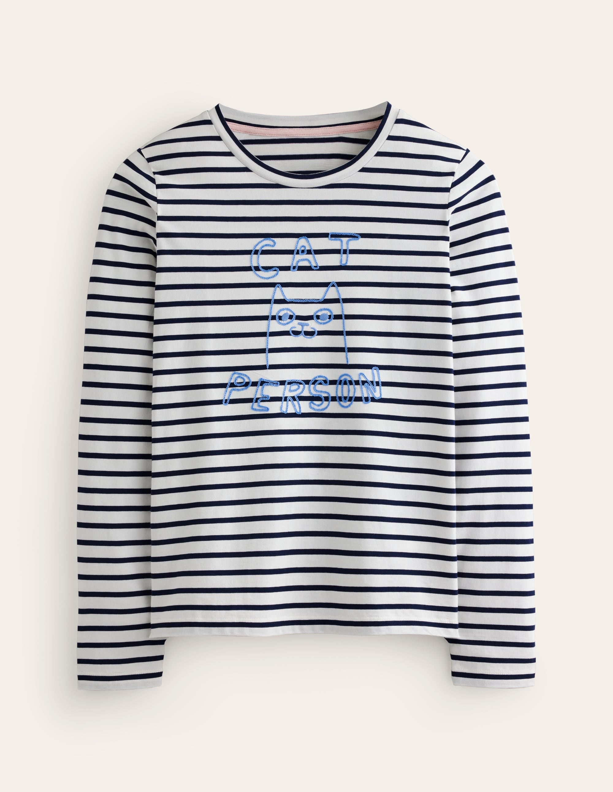Embroidered Regular T-Shirt-Ivory, Navy, Cat Person - Image 5