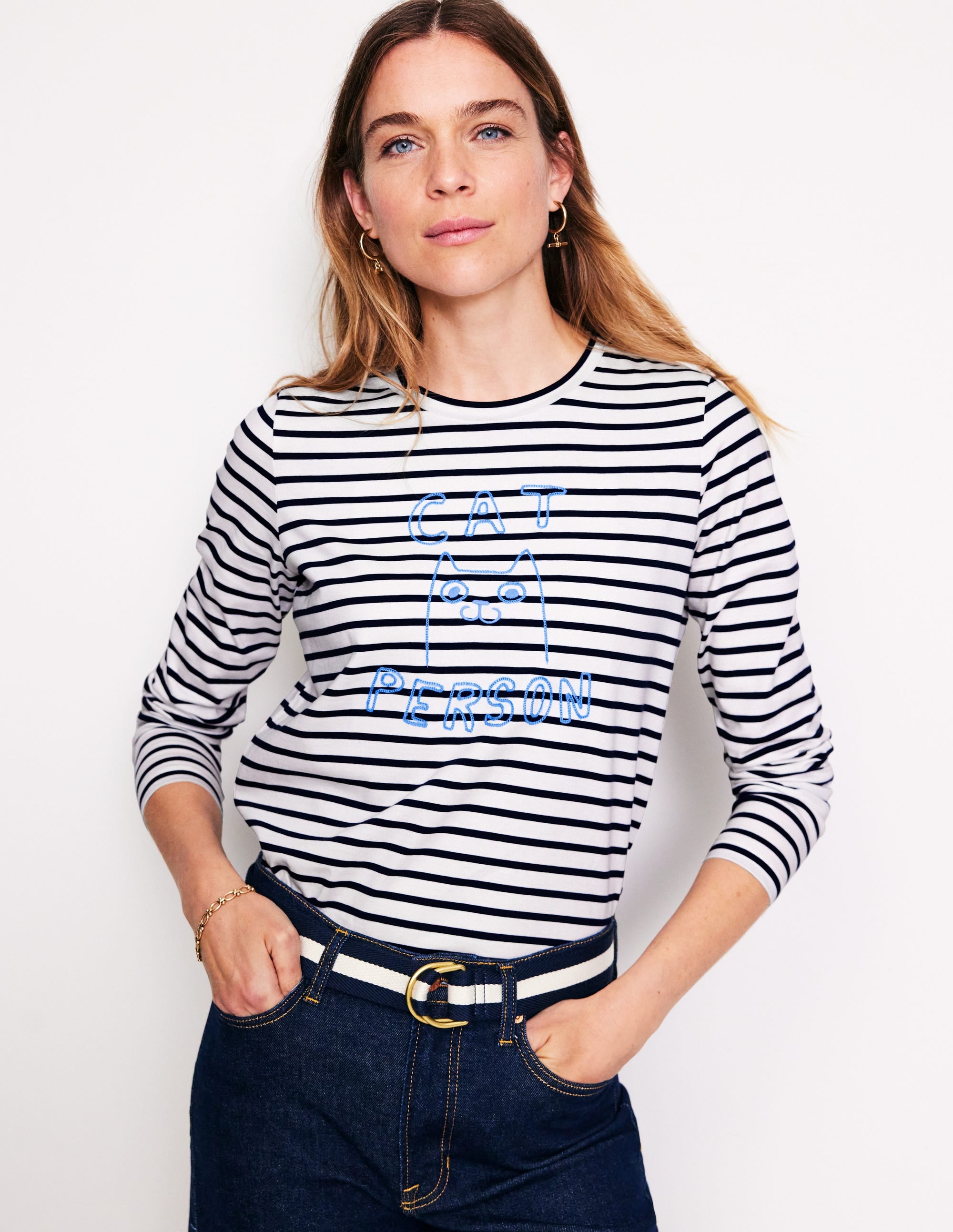 Embroidered Regular T-Shirt-Ivory, Navy, Cat Person - Image 1