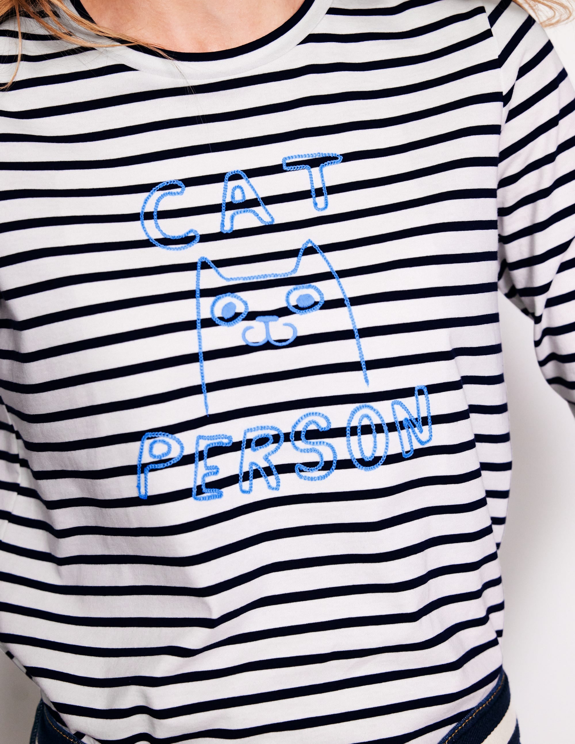 Embroidered Regular T-Shirt-Ivory, Navy, Cat Person - Image 2