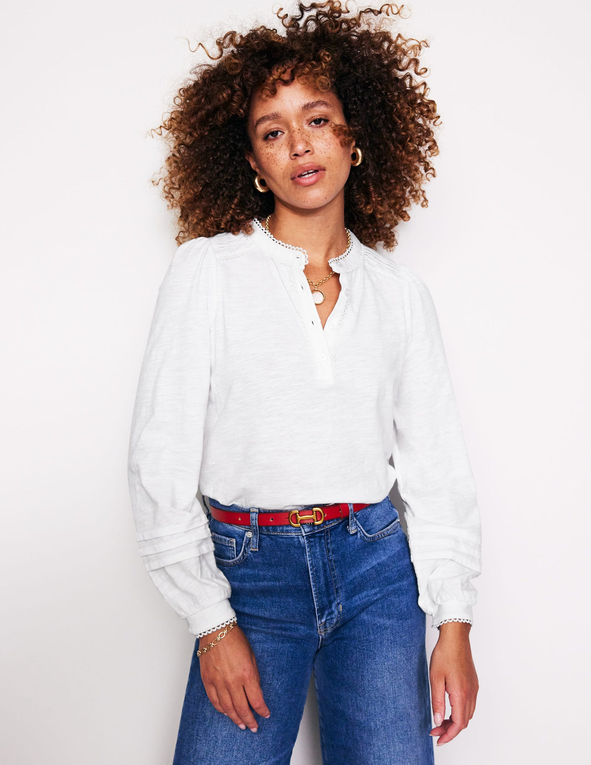 Henrietta Pintuck Henley Top-White - Image 1