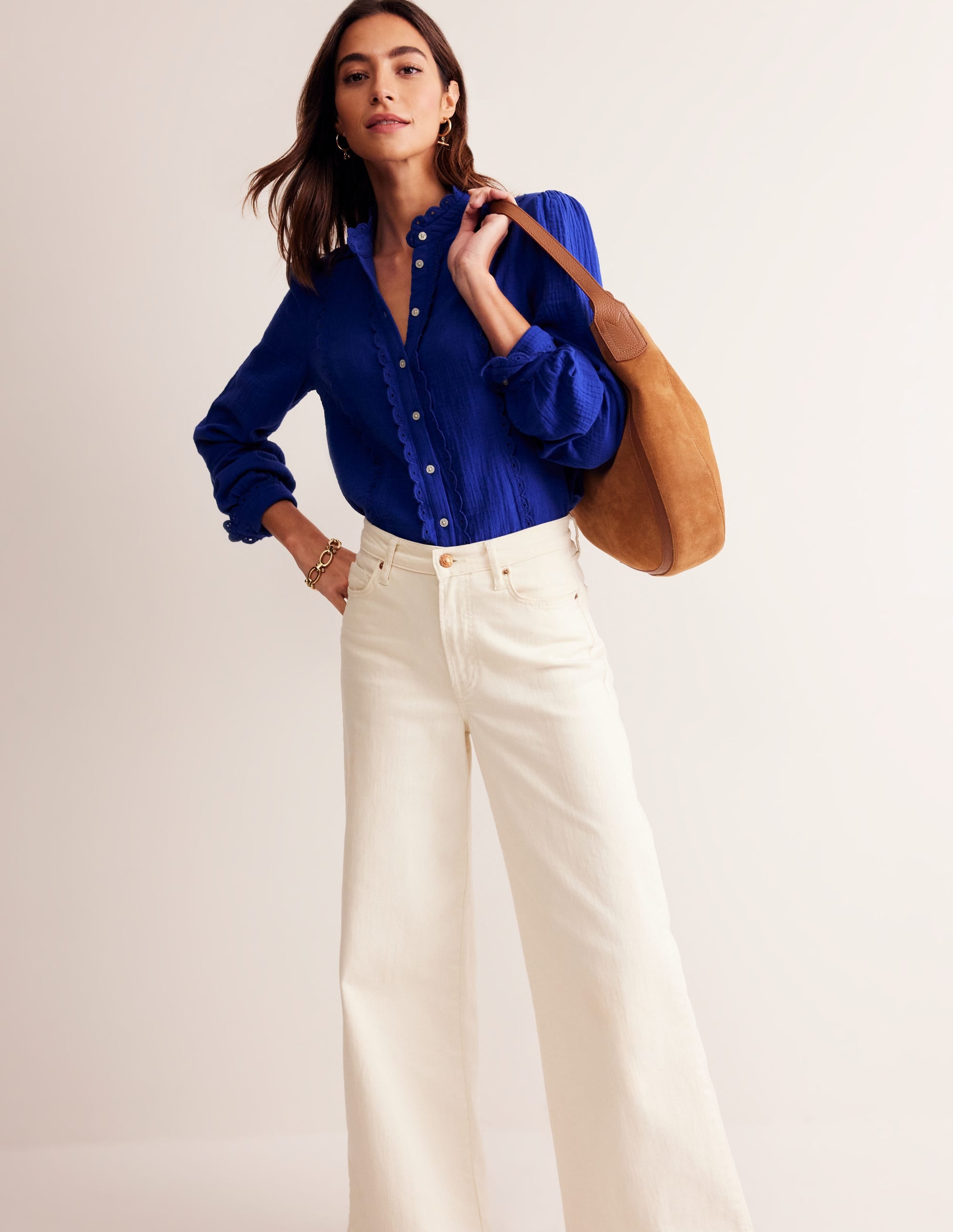 Double Cloth Scallop Blouse-Bright Blue - Image 1