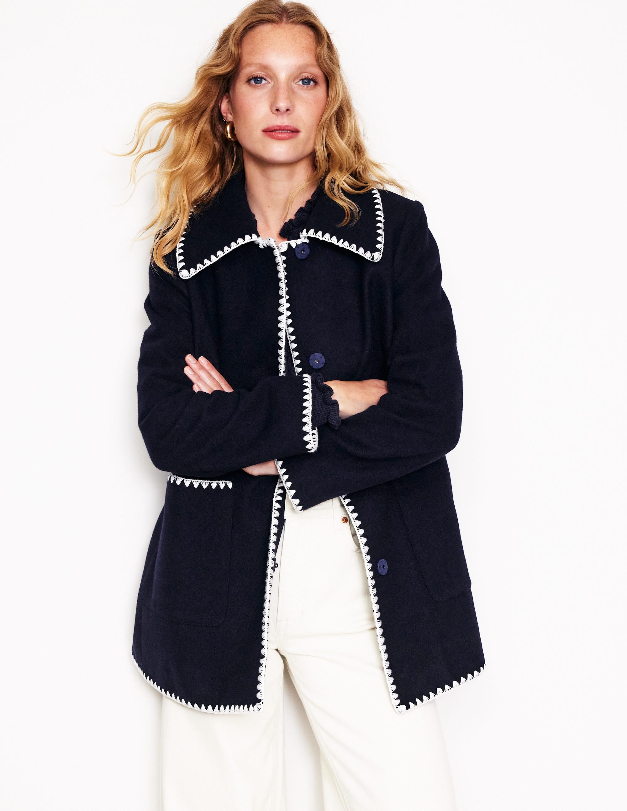 Blanket Stitch Car Coat-Navy - Image 1