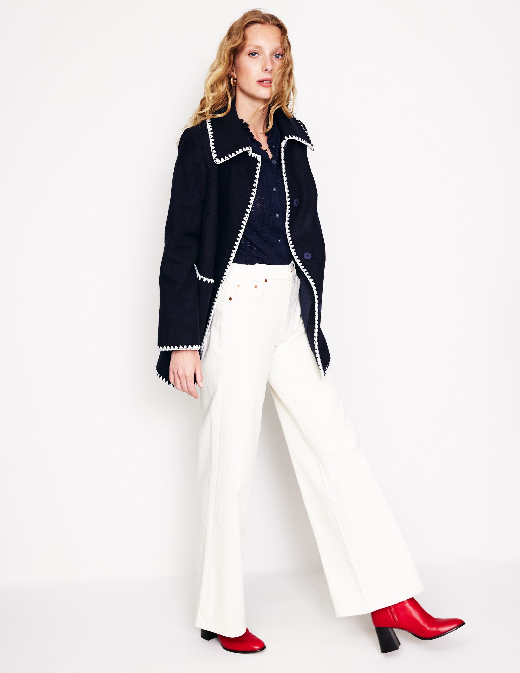 Blanket Stitch Car Coat-Navy - Image 4