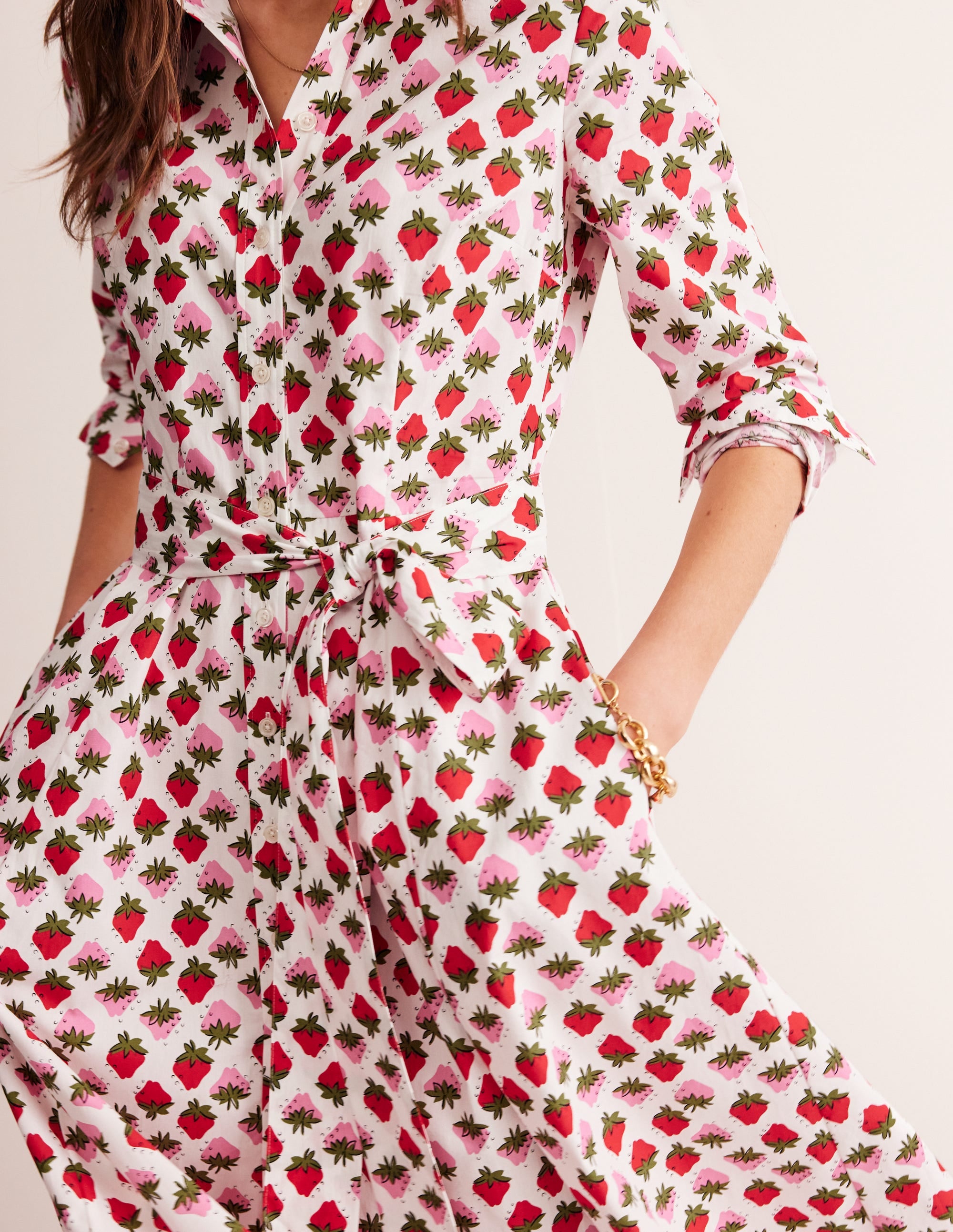 Amy Cotton Midi Shirt Dress-Ivory, Strawberry Pop - Image 2