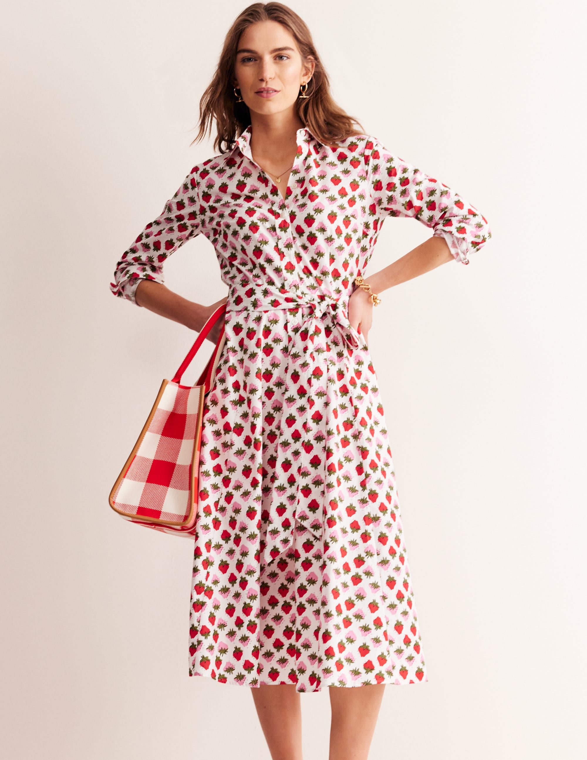 Amy Cotton Midi Shirt Dress-Ivory, Strawberry Pop - Image 4