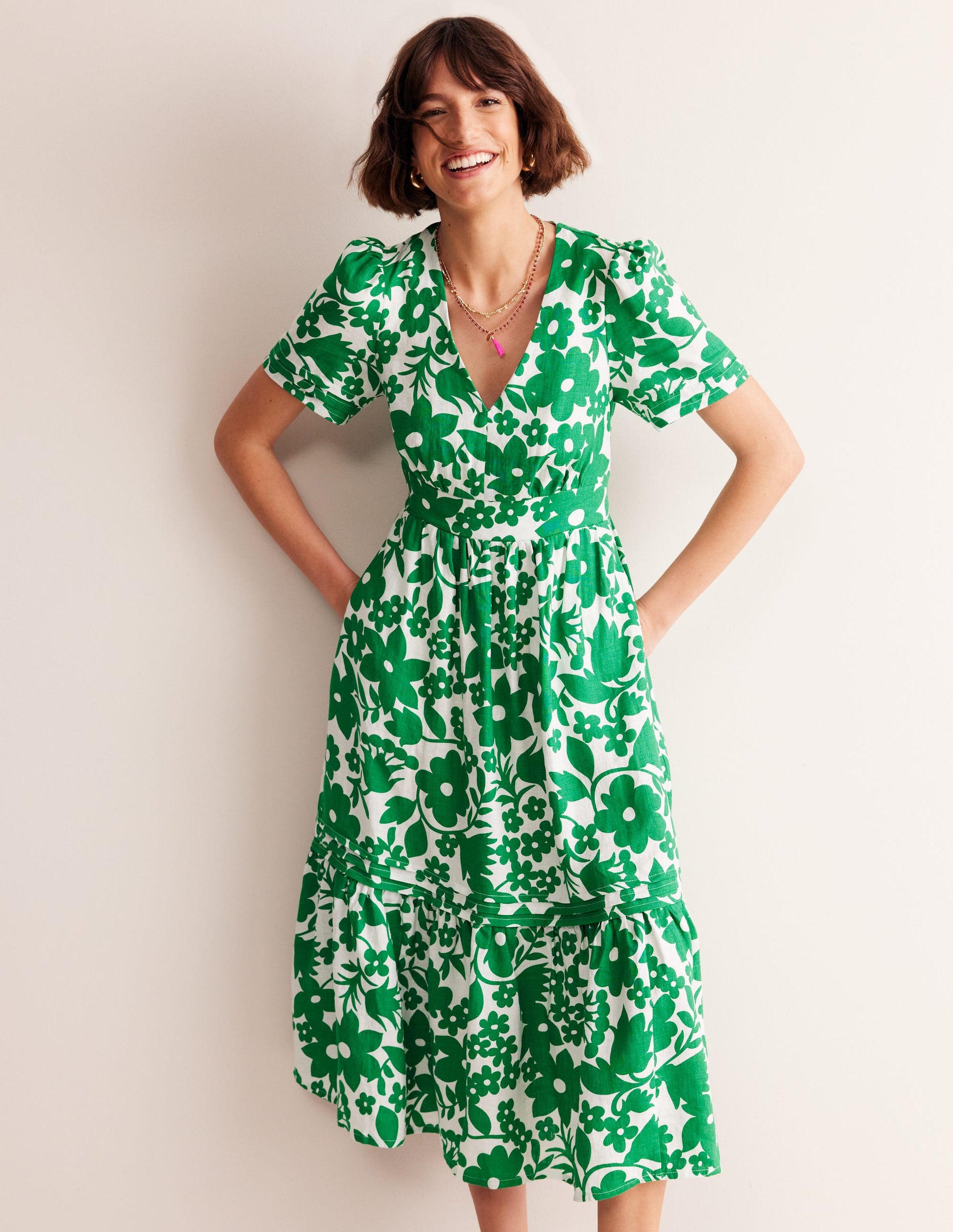 Eve Linen Midi Dress-Green Tambourine, Tulip Garden-4