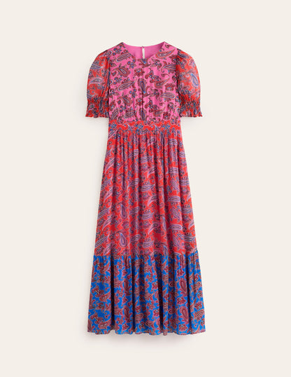 Smocked Cuff Maxi Dress-Sangria Sunset, Paisley Wave-6
