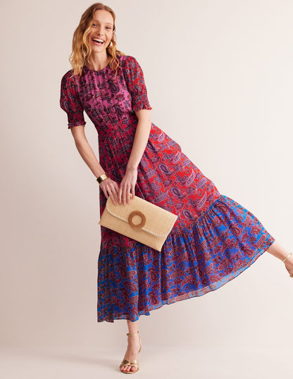 Smocked Cuff Maxi Dress-Sangria Sunset, Paisley Wave-1