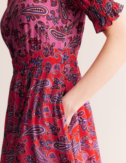 Smocked Cuff Maxi Dress-Sangria Sunset, Paisley Wave-2