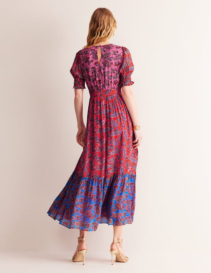 Smocked Cuff Maxi Dress-Sangria Sunset, Paisley Wave-3