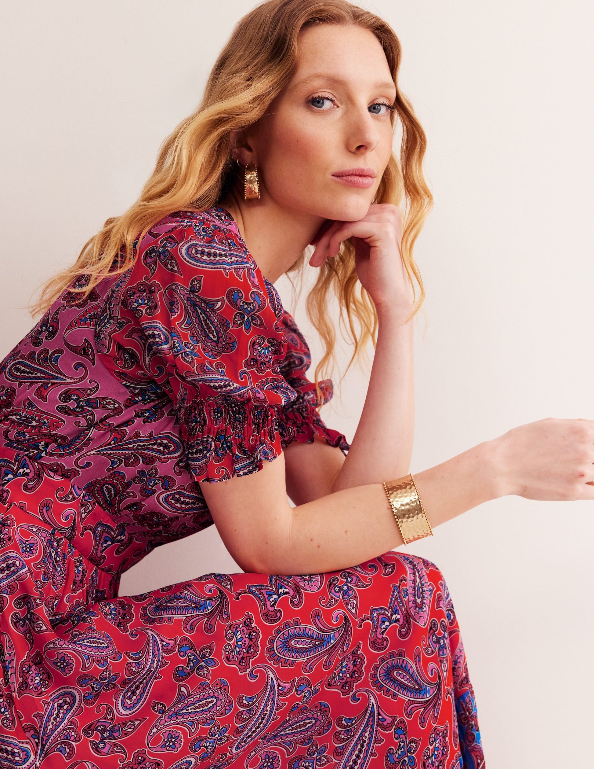 Smocked Cuff Maxi Dress-Sangria Sunset, Paisley Wave-4