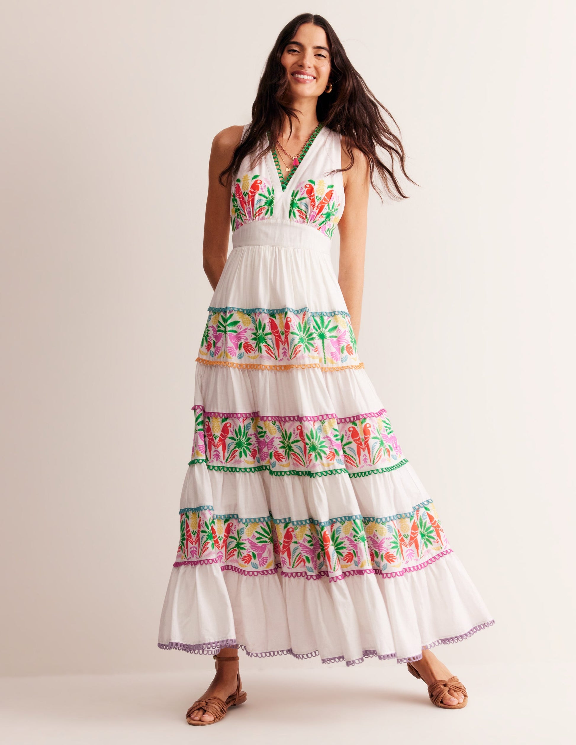 Serena Cotton Tie Maxi Dress-Multi Tropical Parrot-2
