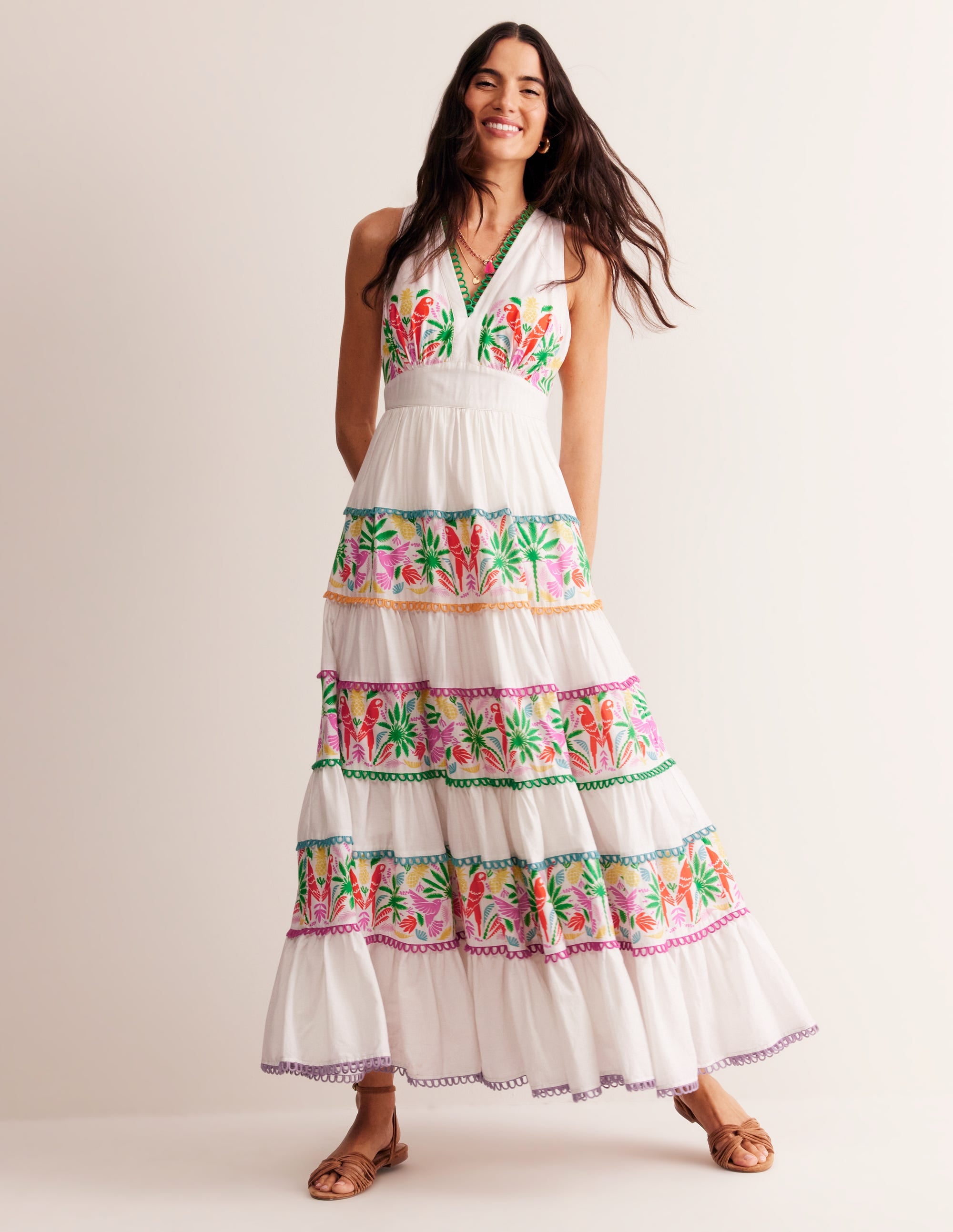Serena Cotton Tie Maxi Dress-Multi Tropical Parrot - Image 2