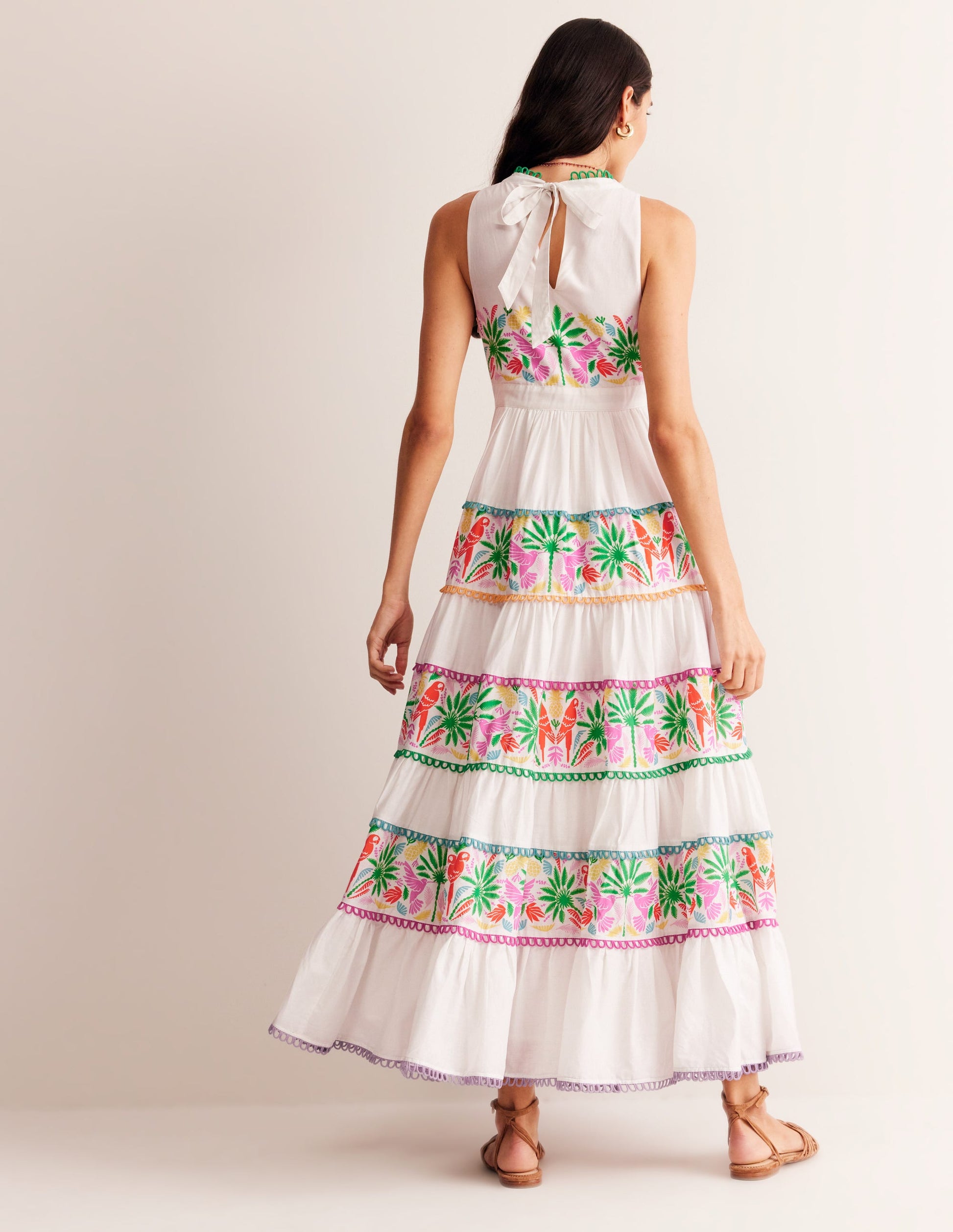 Serena Cotton Tie Maxi Dress-Multi Tropical Parrot-4
