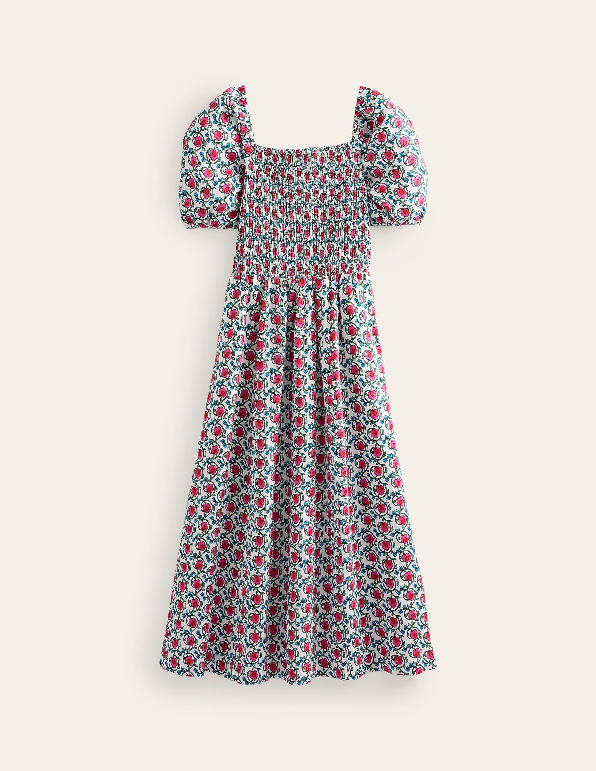 Sky Smocked Linen Midi Dress-Pop Pansy, Foliage Terrace-6