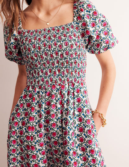 Sky Smocked Linen Midi Dress-Pop Pansy, Foliage Terrace-2