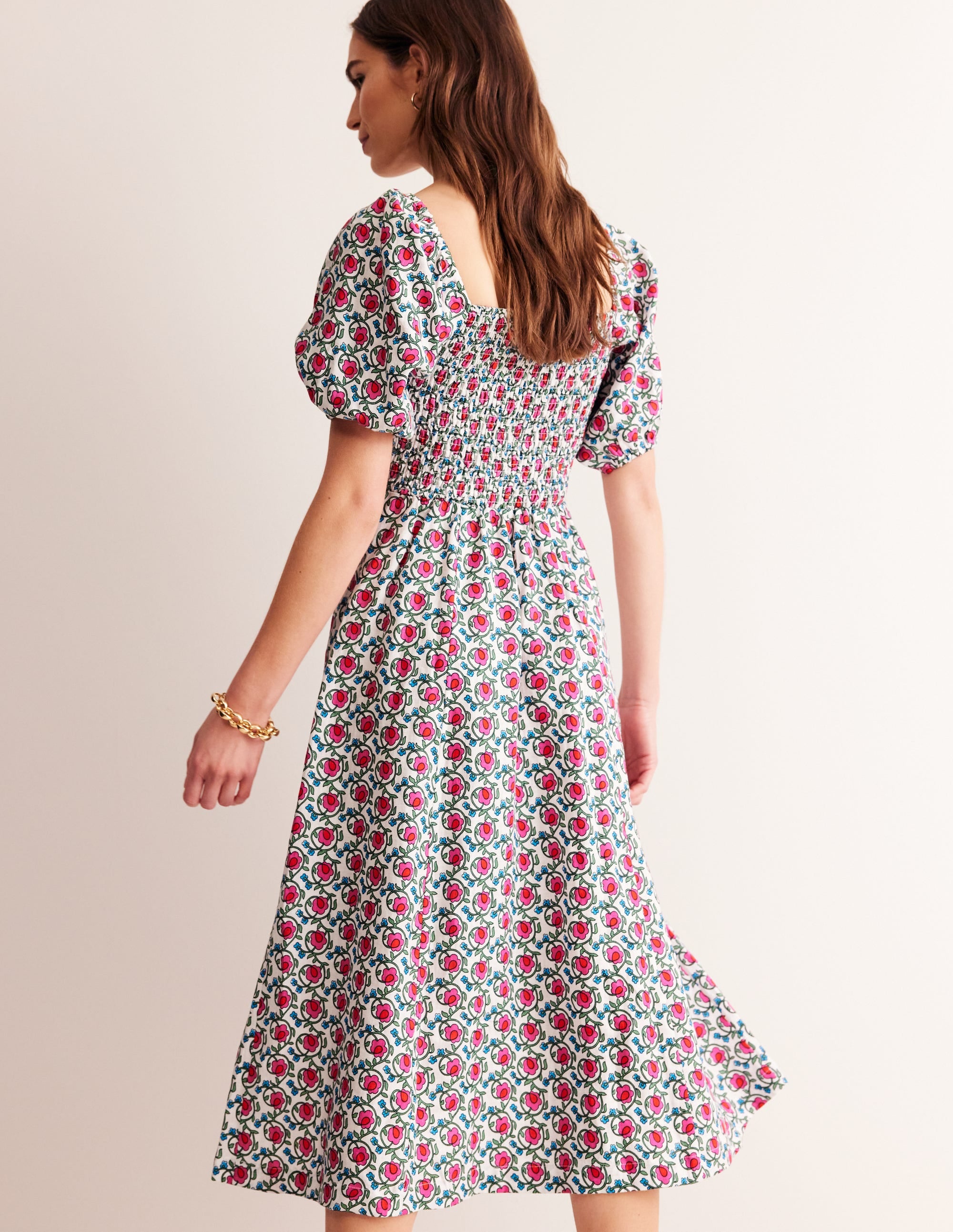 Sky Smocked Linen Midi Dress-Pop Pansy, Foliage Terrace - Image 3