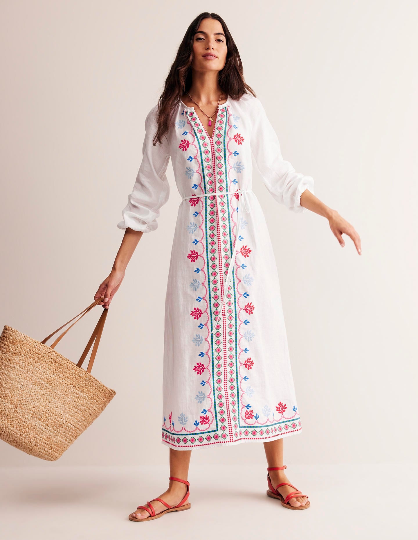 Embroidered Belted Linen Dress-White, Multi-1