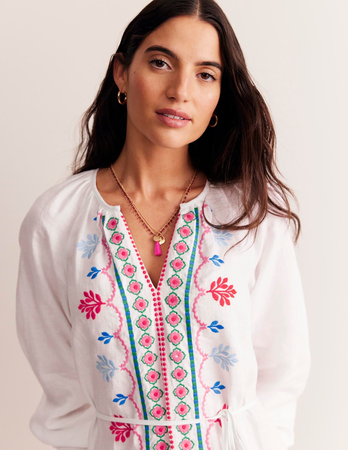 Embroidered Belted Linen Dress-White, Multi-2