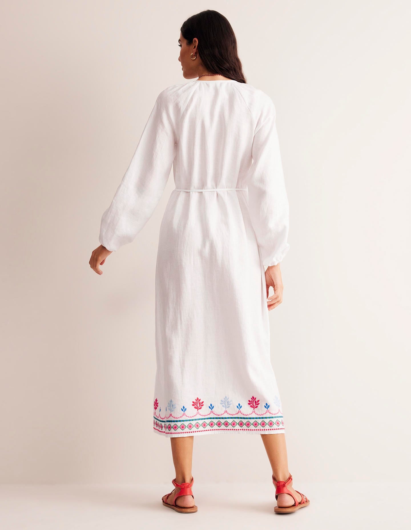Embroidered Belted Linen Dress-White, Multi-3