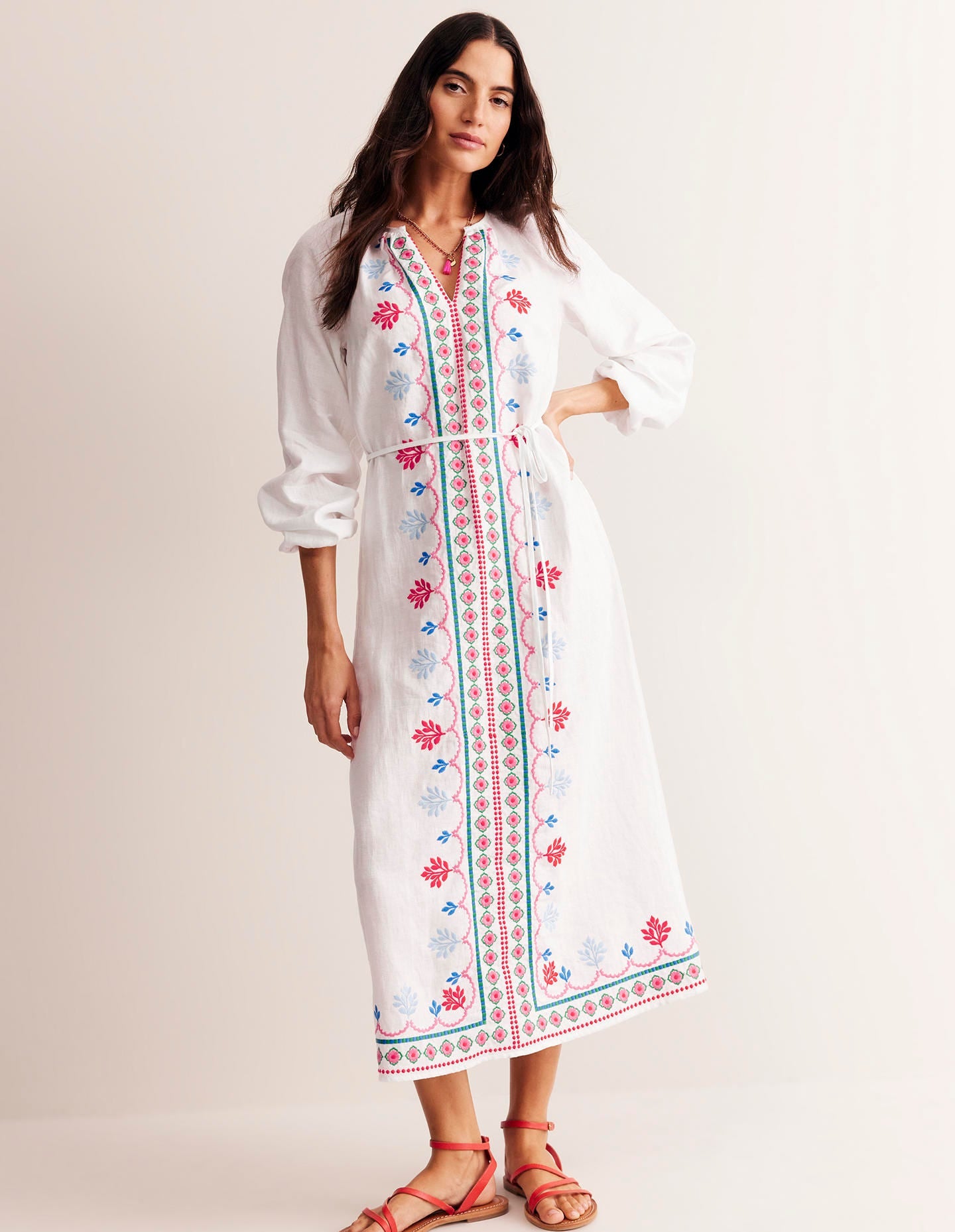 Embroidered Belted Linen Dress-White, Multi-4
