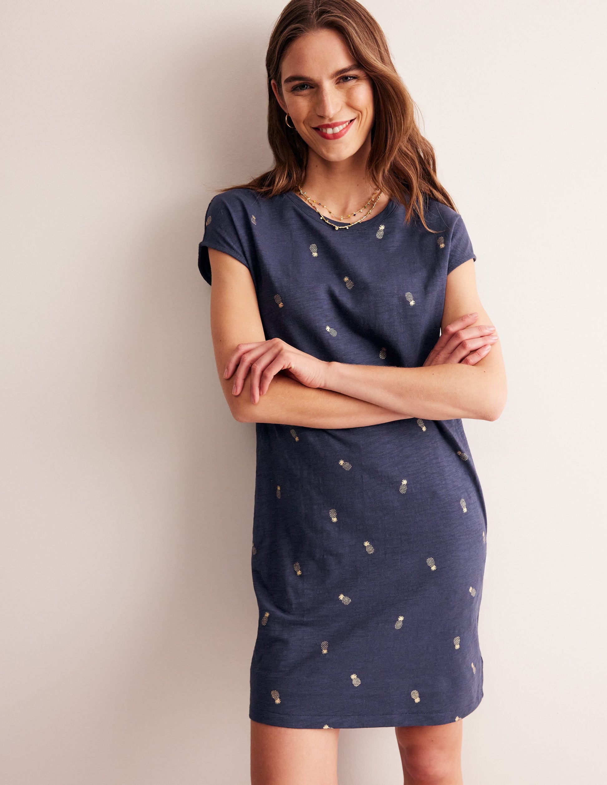 Leah Jersey T-shirt Dress-French Navy, Pineapple Foil-1