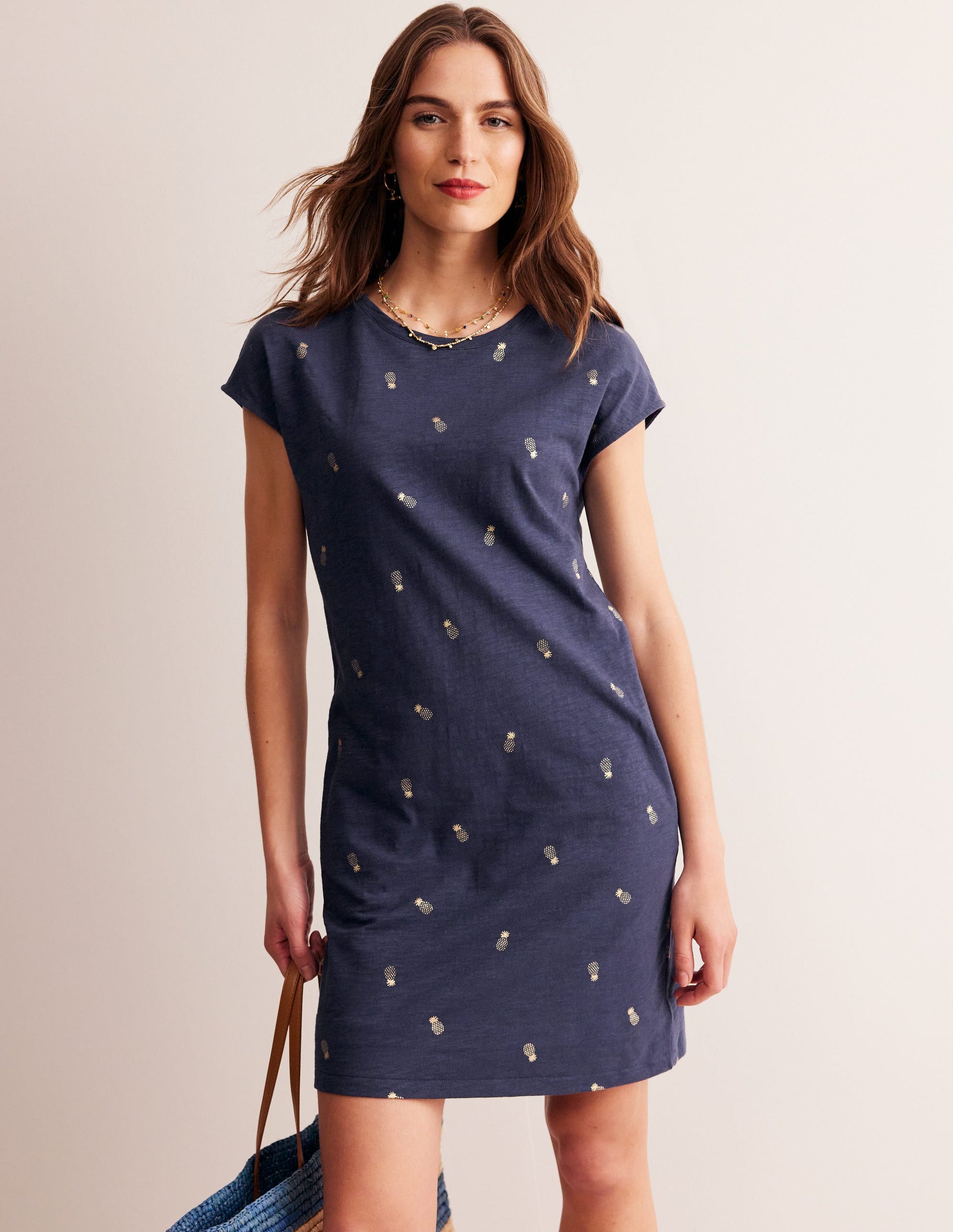 Leah Jersey T-shirt Dress-French Navy, Pineapple Foil-4