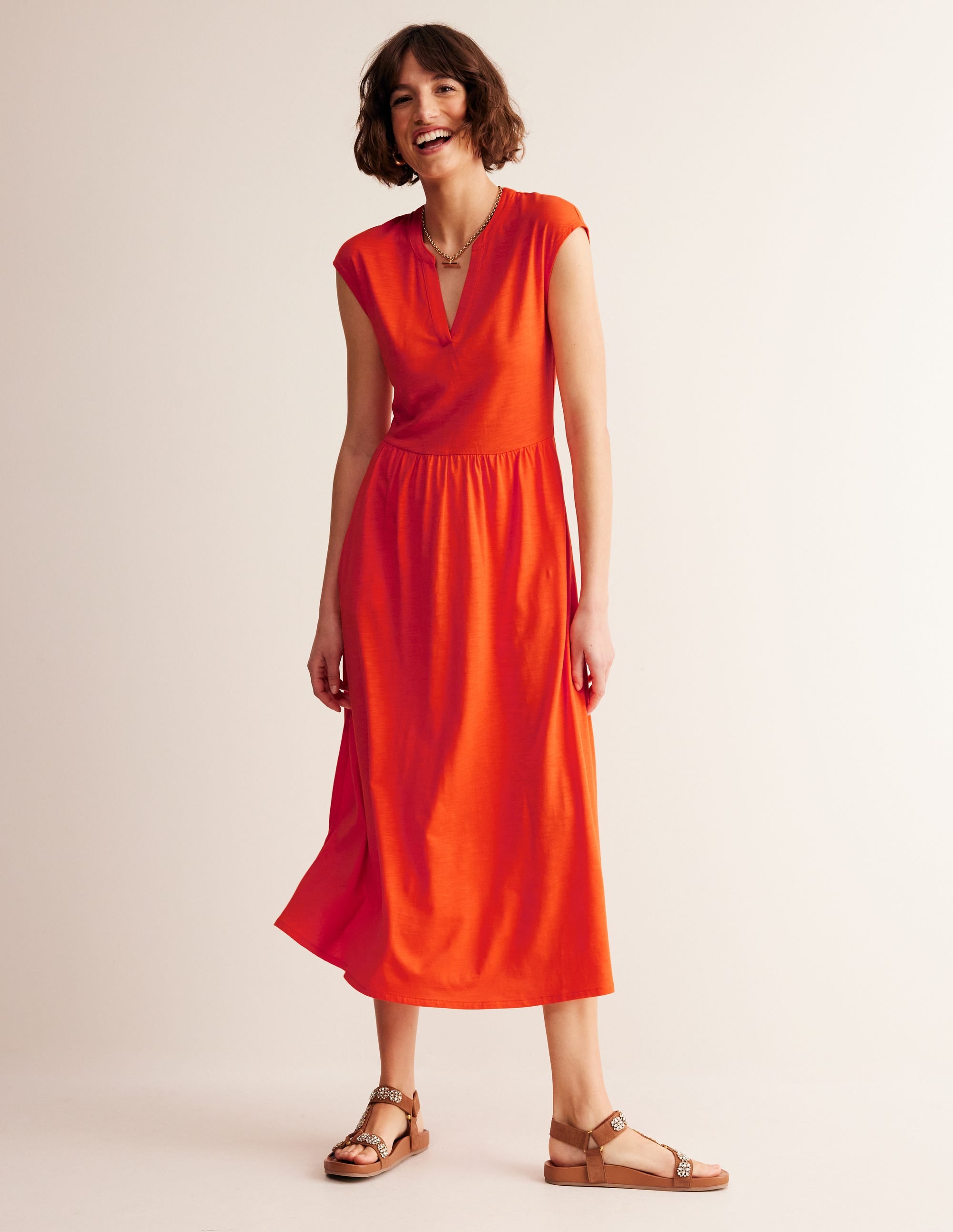 Chloe Notch Jersey Midi Dress-Mandarin Orange - Image 2